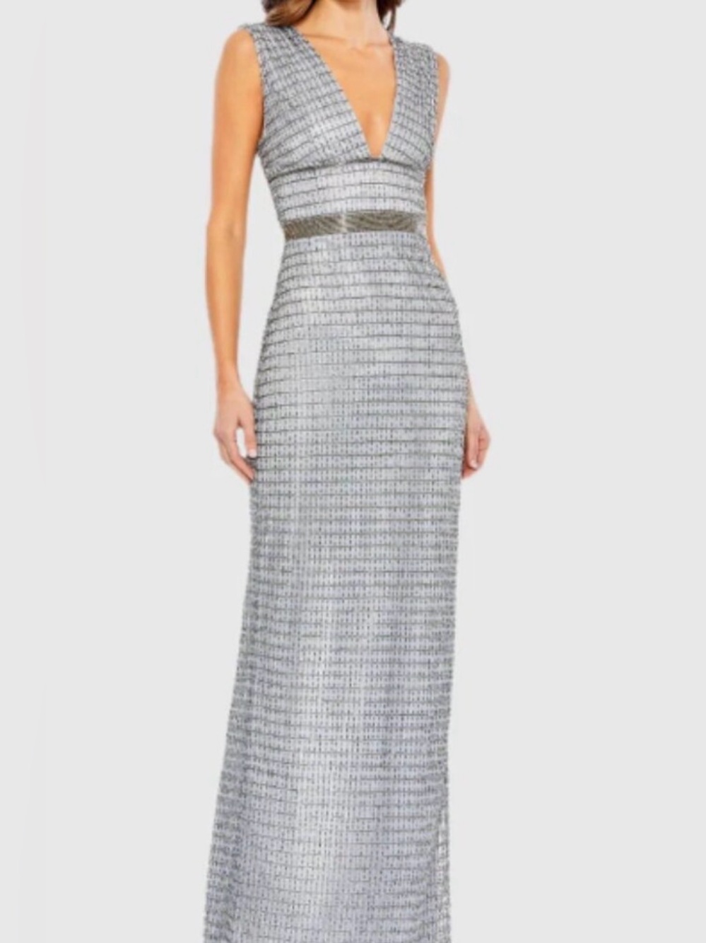 MAC DUGGAL Silver Beaded Cap Sleeve V Neck Column Gown Size 4
